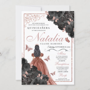 Black Rose Gold Butterfly Princess Quinceañera Invitation