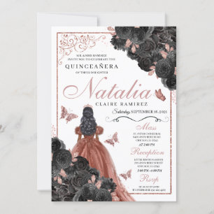 Black Rose Gold Butterfly Princess Quinceañera Invitation