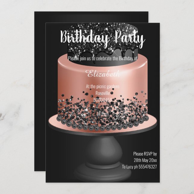  BLACK ROSE GOLD CAKE BIRTHDAY INVITATION  (Front/Back)