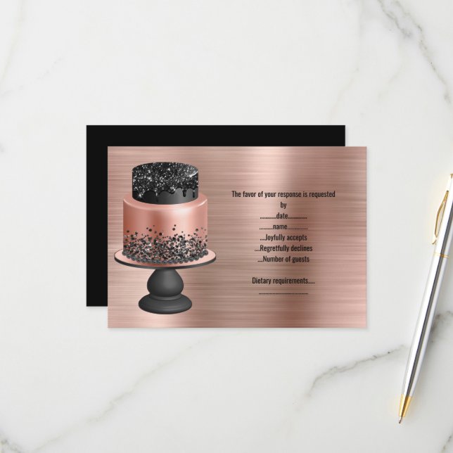 BLACK ROSE GOLD CAKE METALLIC RESPONSE CARD (Front/Back In Situ)
