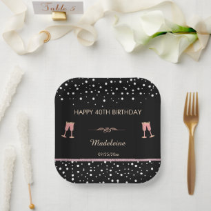 Black & Rose Gold Champagne 40th Birthday Square Paper Plate