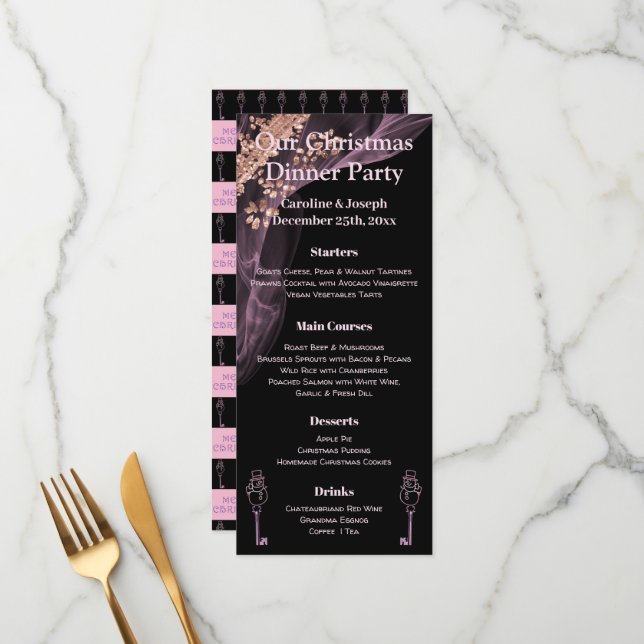 Black & Rose Gold Christmas Menu with Snowman (Front/Back In Situ)
