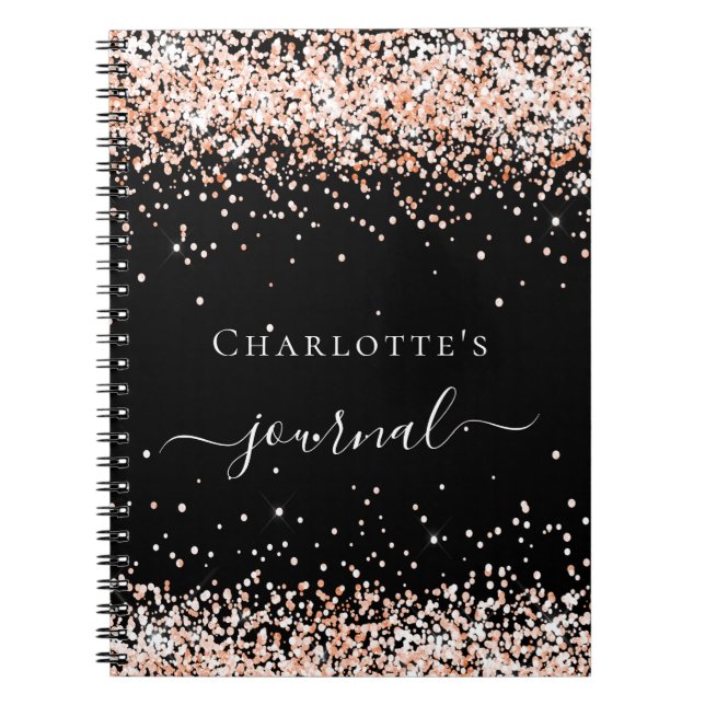 Black rose gold confetti name script journal (Front)