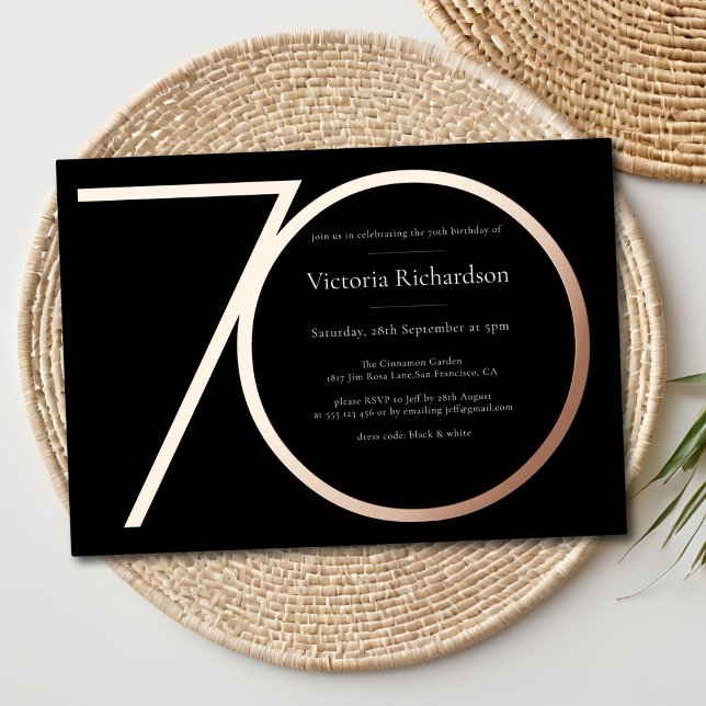 Black Rose Gold Custom Minimalist 70th Birthday (Black Rose Gold Custom Minimalist 70th Birthday Foil Invitation)