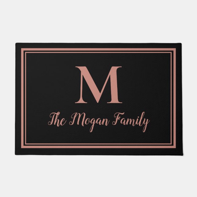 Black Rose Gold Double Borders Custom Monogram Doormat (Front)