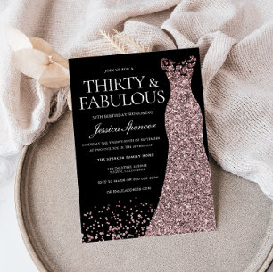 Black Rose Gold Dress Womans 30th Birthday Party Invitation