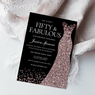 Black Rose Gold Dress Womans 50th Birthday Party  Invitation