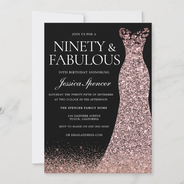 Black Rose Gold Dress Womans 90th Birthday Party Invitation (Front)