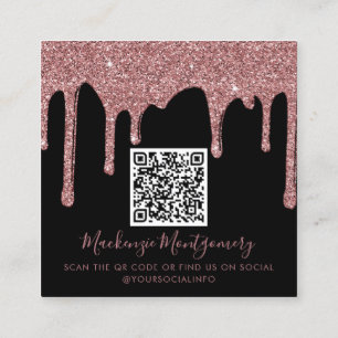 Black Rose Gold Dripping Glitter QR Code Square Business Card