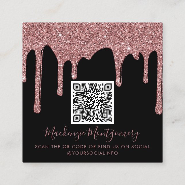 Black Rose Gold Dripping Glitter QR Code Square Business Card (Back)