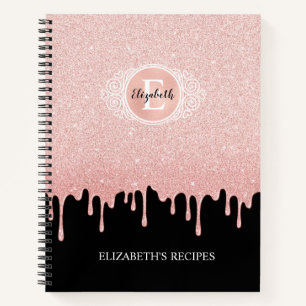 Black Rose Gold Dripping Glitter Recipe Cookbook Notebook