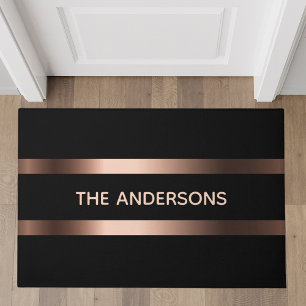 Black rose gold family monogram elegant modern doormat