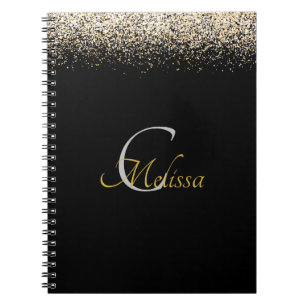 Black Rose Gold Faux Glitter Monogram Name Notebook