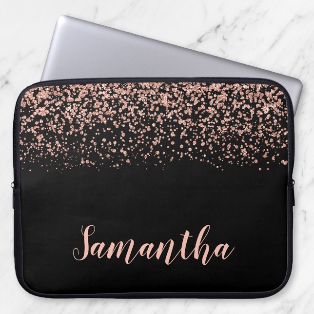 Black Rose Gold Faux Glitter Personalized Laptop Sleeve (Creator Uploaded)
