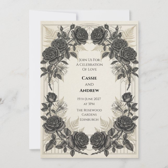 Black Rose Gold Fern Wedding Invitation (Front)