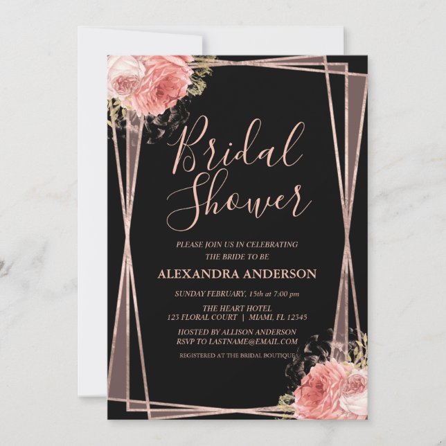Black Rose Gold Floral Elegant Bridal Shower Invitation (Front)
