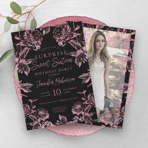Black Rose Gold Floral Photo SURPRISE Sweet 16   Invitation