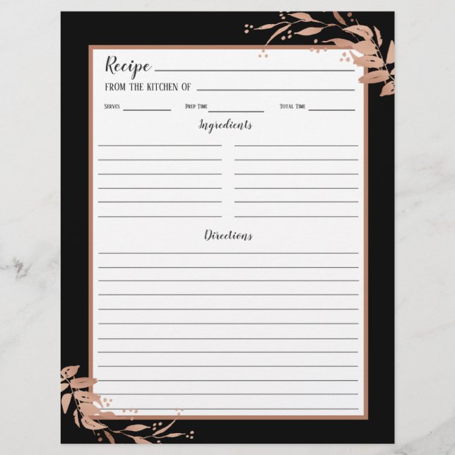 Black Rose Gold Foliage Recipe Binder Page (Front)