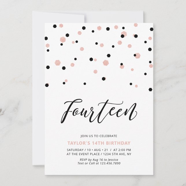 Black & Rose gold Girl 14th Teen Birthday Party Invitation (Front)