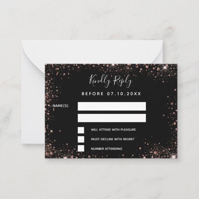 Black rose gold glamourous wedding RSVP Card (Front)
