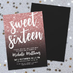 Black Rose Gold Glitter 16th Birthday Invitation<br><div class="desc">Sweet Sixteen Birthday Party Invitation. Celebrate sixteen in style with this modern and festive design. The front features a faux rose gold glitter background that fades into a sleek black gradient at the bottom, with the words “Sweet Sixteen” beautifully highlighted across the top in elegant script. A mix of script...</div>