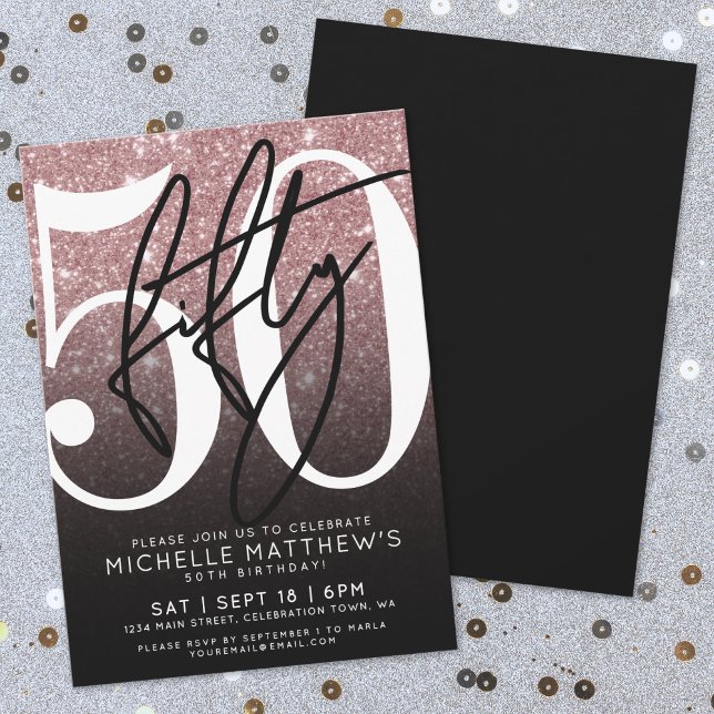 Black Rose Gold Glitter 50th Birthday Invitation (Black Rose Gold Glitter 50th Birthday Invitation)