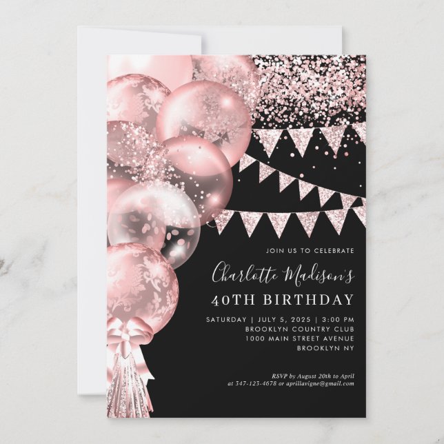 Black Rose Gold Glitter Balloon Any Age Birthday Invitation (Front)