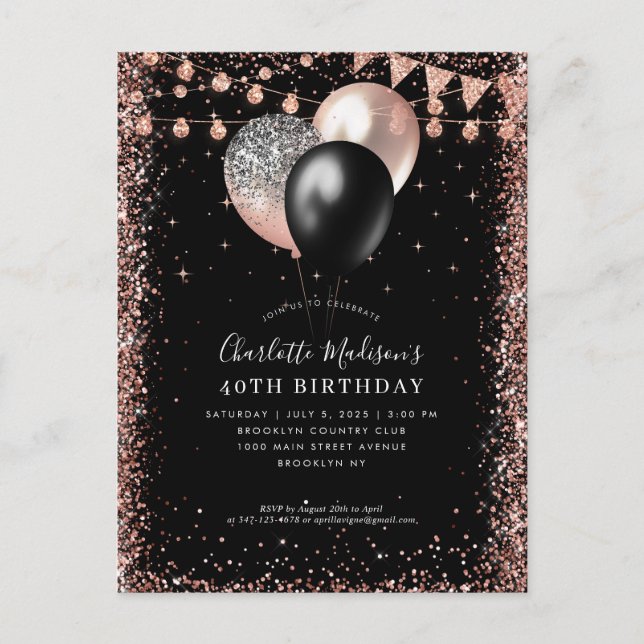 Black Rose Gold Glitter Balloon Any Age Birthday Postcard (Front)