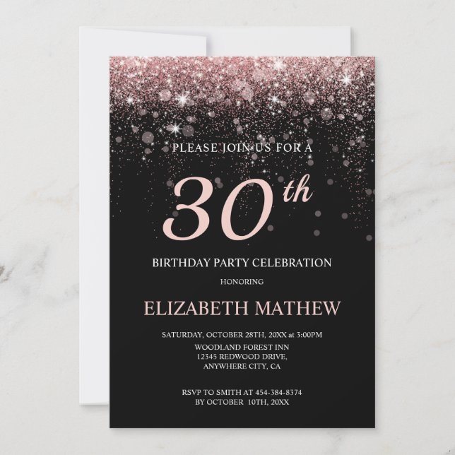 Black Rose Gold Glitter Birthday Personalised Age  Invitation (Front)