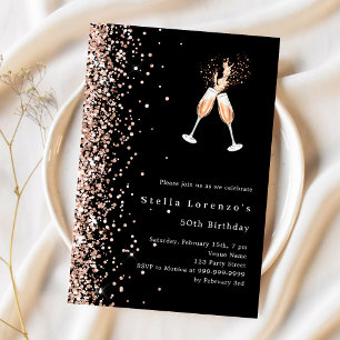 Black rose gold glitter cheers birthday invitation
