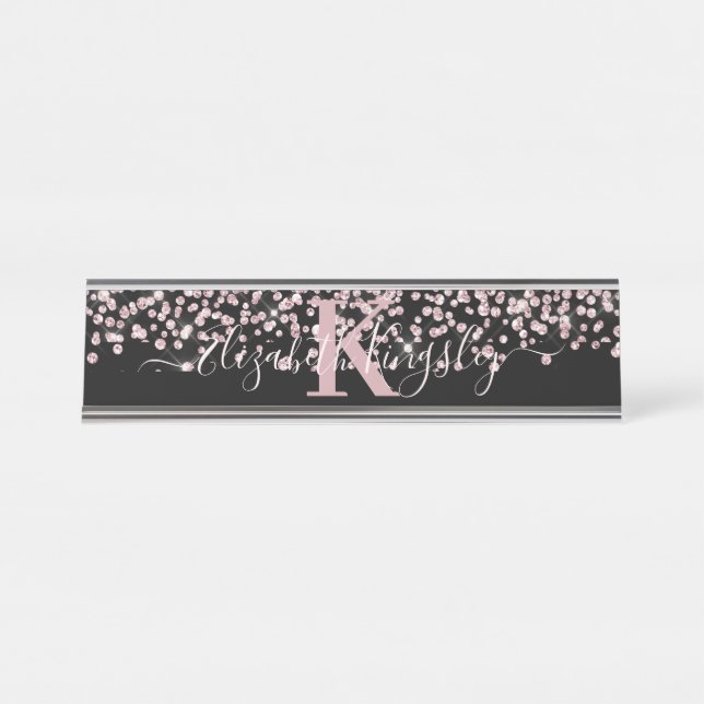 Black Rose Gold Glitter Diamond Monogram Desk Name Plate (Front)