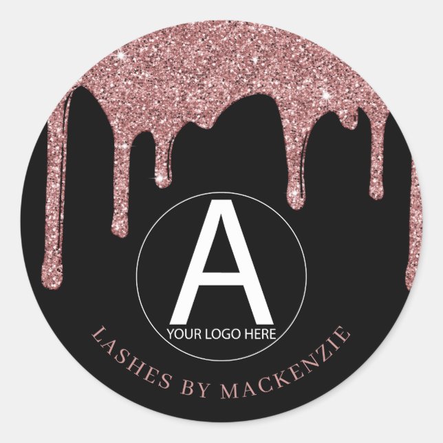 Black Rose Gold Glitter Drips Business Logo Classic Round Sticker (Front)