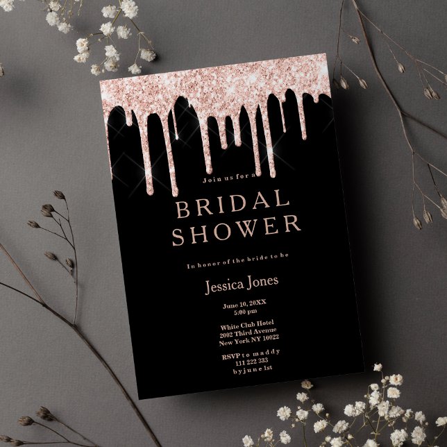 Black rose gold glitter drips glam Bridal Shower  Invitation (Black rose gold glitter drips glam Bridal Shower)