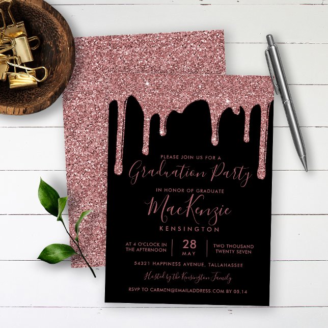 Black Rose Gold Glitter Drips Graduation Party Invitation (Creator Uploaded)