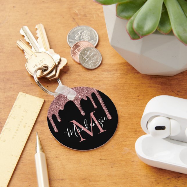 Black Rose Gold Glitter Drips Monogram Key Ring (Desk)