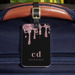 Black rose gold glitter drips monogram name luggage tag