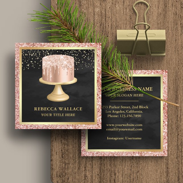 Black Rose Gold Glitter Drips Pink Cake Bakery Square Business Card (Creator Uploaded)