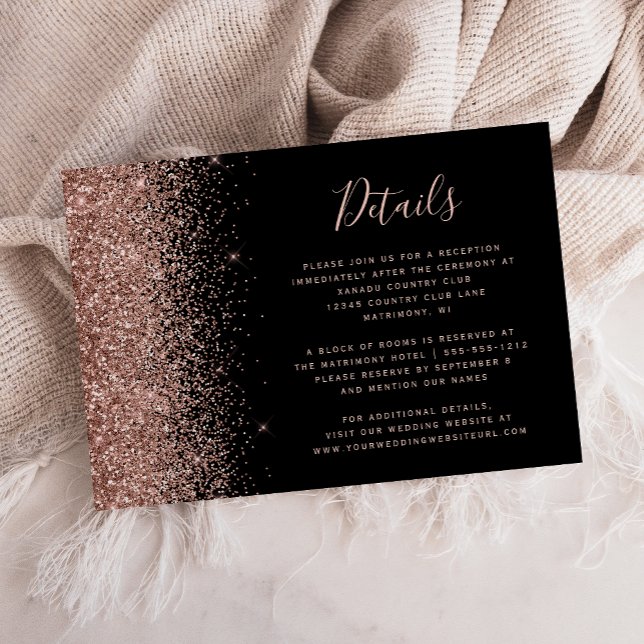 Black Rose Gold Glitter Edge Wedding Details Enclosure Card (Creator Uploaded)