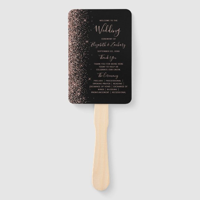 Black Rose Gold Glitter Edge Wedding Program Hand Fan (Front)