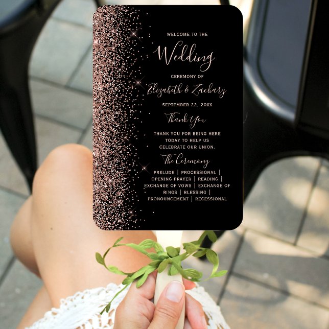 Black Rose Gold Glitter Edge Wedding Program Hand Fan (Creator Uploaded)