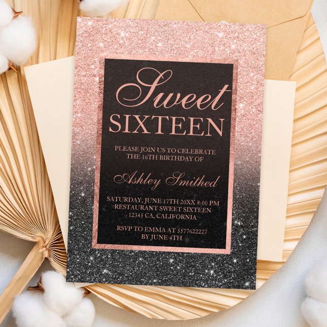 Black rose gold glitter elegant chic Sweet 16 Invitation (Black rose gold glitter elegant chic Sweet 16 Invitation)