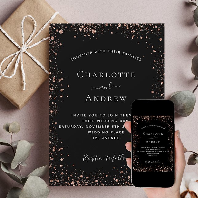 Black rose gold glitter elegant wedding invitation (Creator Uploaded)