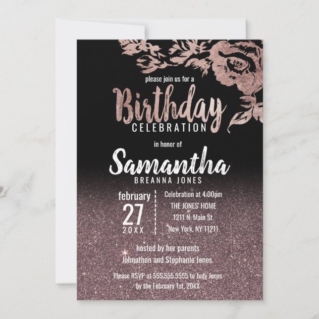 Black Rose Gold Glitter Floral Birthday Party Invitation (Front)