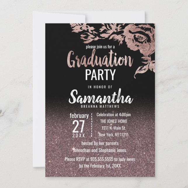 Black Rose Gold Glitter Floral Graduation Invitation (Front)