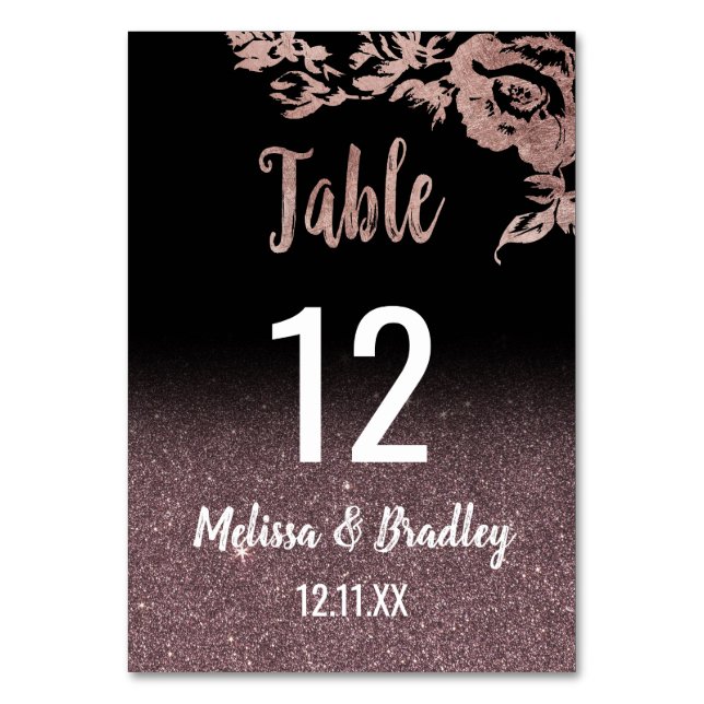 Black Rose Gold Glitter Floral Table Numbers (Front)