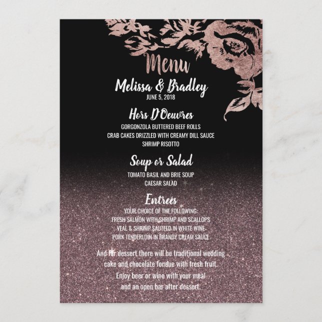 Black Rose Gold Glitter Floral Wedding Menu (Front)