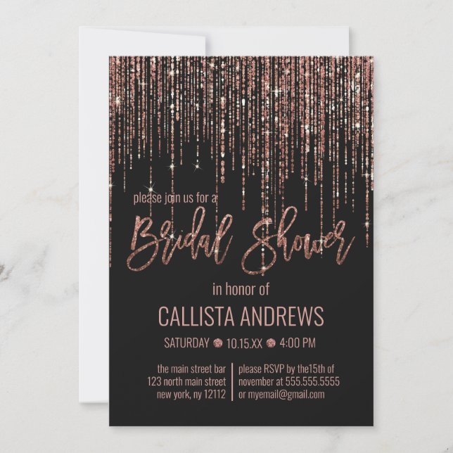Black Rose Gold Glitter Fringe Bridal Shower Invitation (Front)