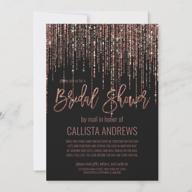 Black Rose Gold Glitter Fringe Bridal Shower Mail Invitation (Front)