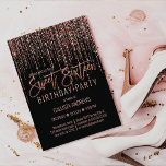 Black Rose Gold Glitter Fringe Curtain Sweet 16 Invitation<br><div class="desc">This glamourous and luxury Sweet Sixteen birthday party invitation is the perfect design for your young teenage girl's special event. It features a faux sparkly rose gold glitter fringe curtain with faux glitter typography on top of a simple black background. It's an elegant, chic, trendy, and modern bling design with...</div>