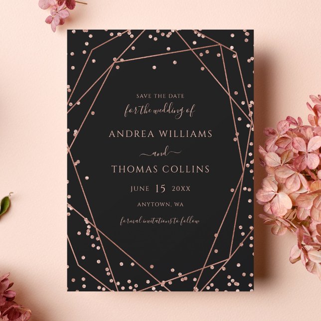 Black Rose Gold Glitter Geometric Wedding Save The Date (Creator Uploaded)